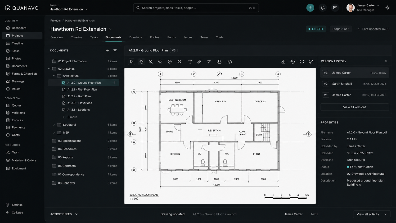 Quanavo project record connecting planning, field, materials, commercials, documents and evidence