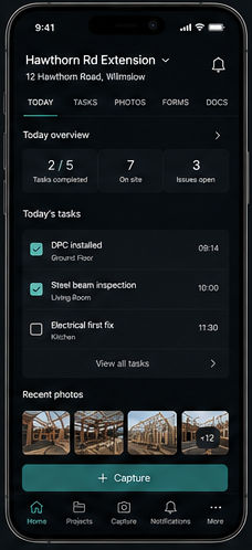 Quanavo Field mobile app showing today's tasks, photos and capture action